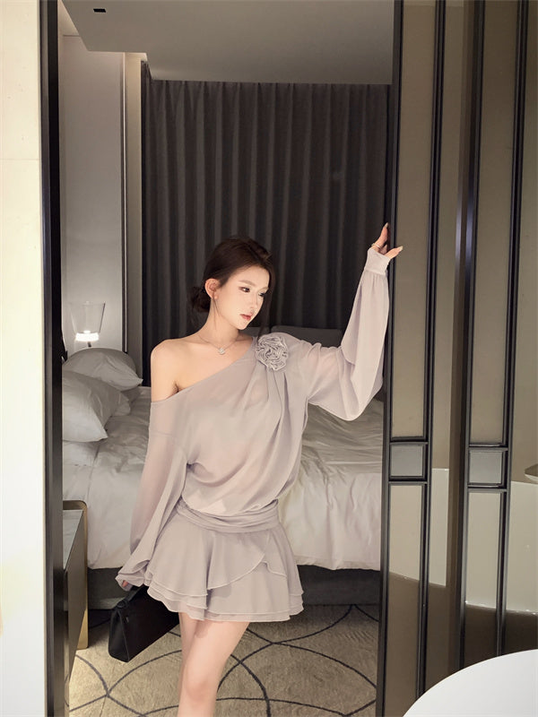 【dress】フリルオブリークネック長袖ワンピースG24255