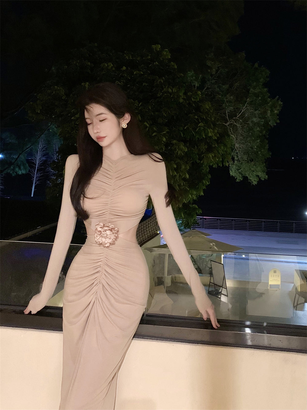 【dress】長袖タイトギャザーワンピースG24256