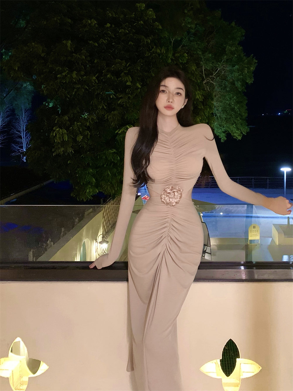 【dress】長袖タイトギャザーワンピースG24256