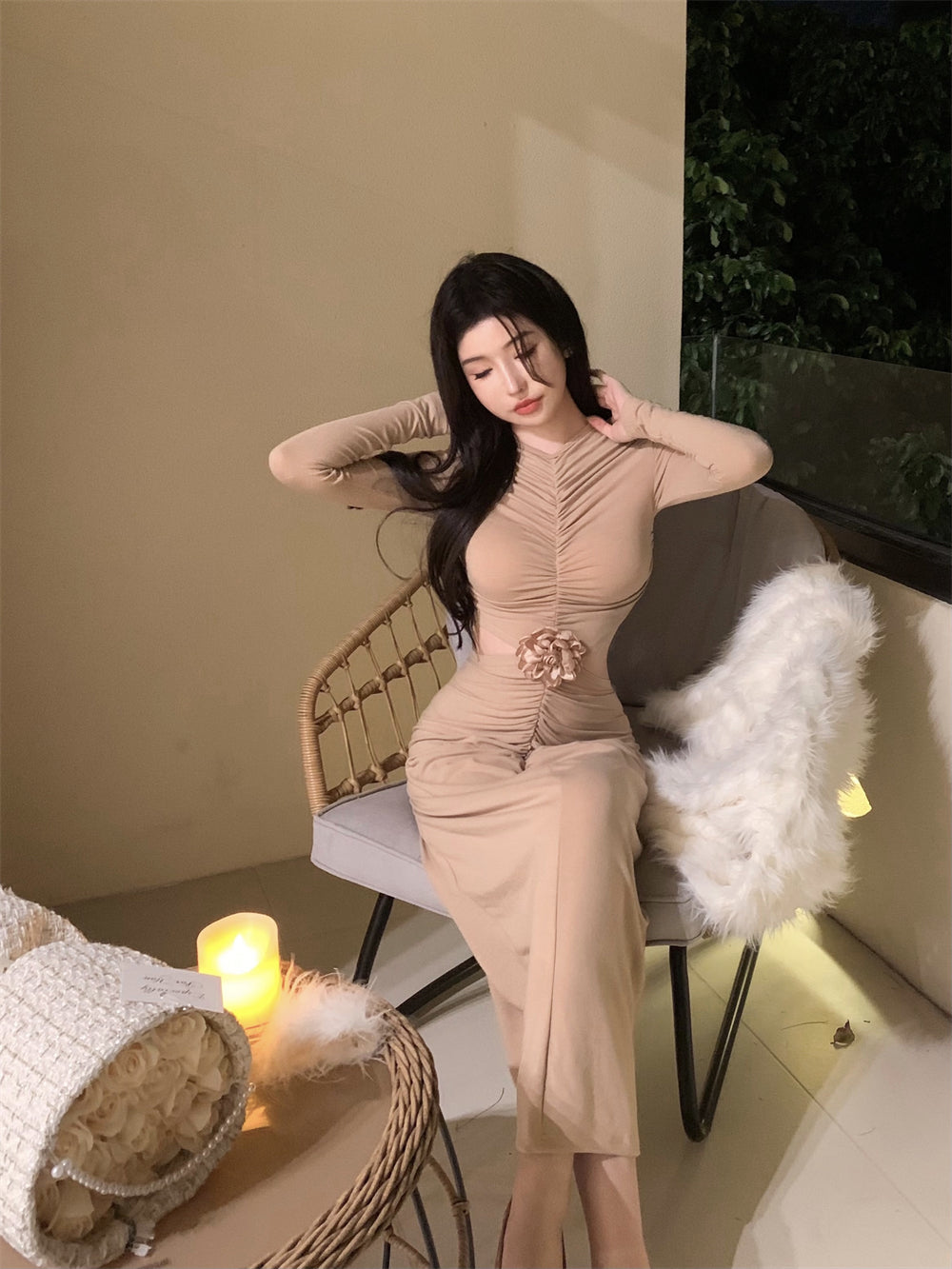 【dress】長袖タイトギャザーワンピースG24256