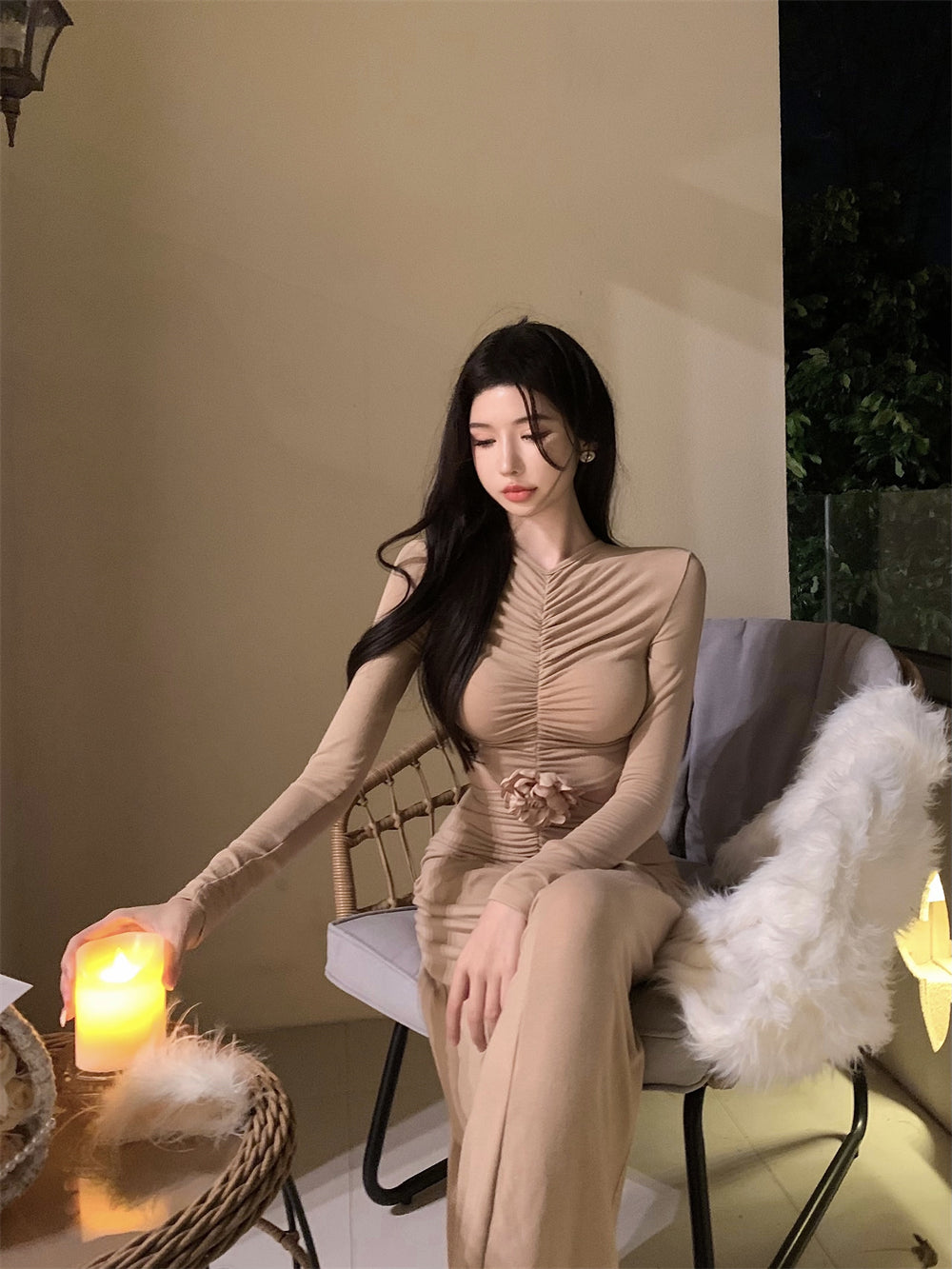 【dress】長袖タイトギャザーワンピースG24256