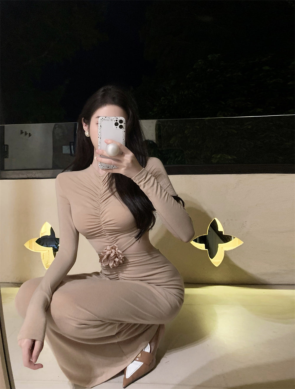 【dress】長袖タイトギャザーワンピースG24256