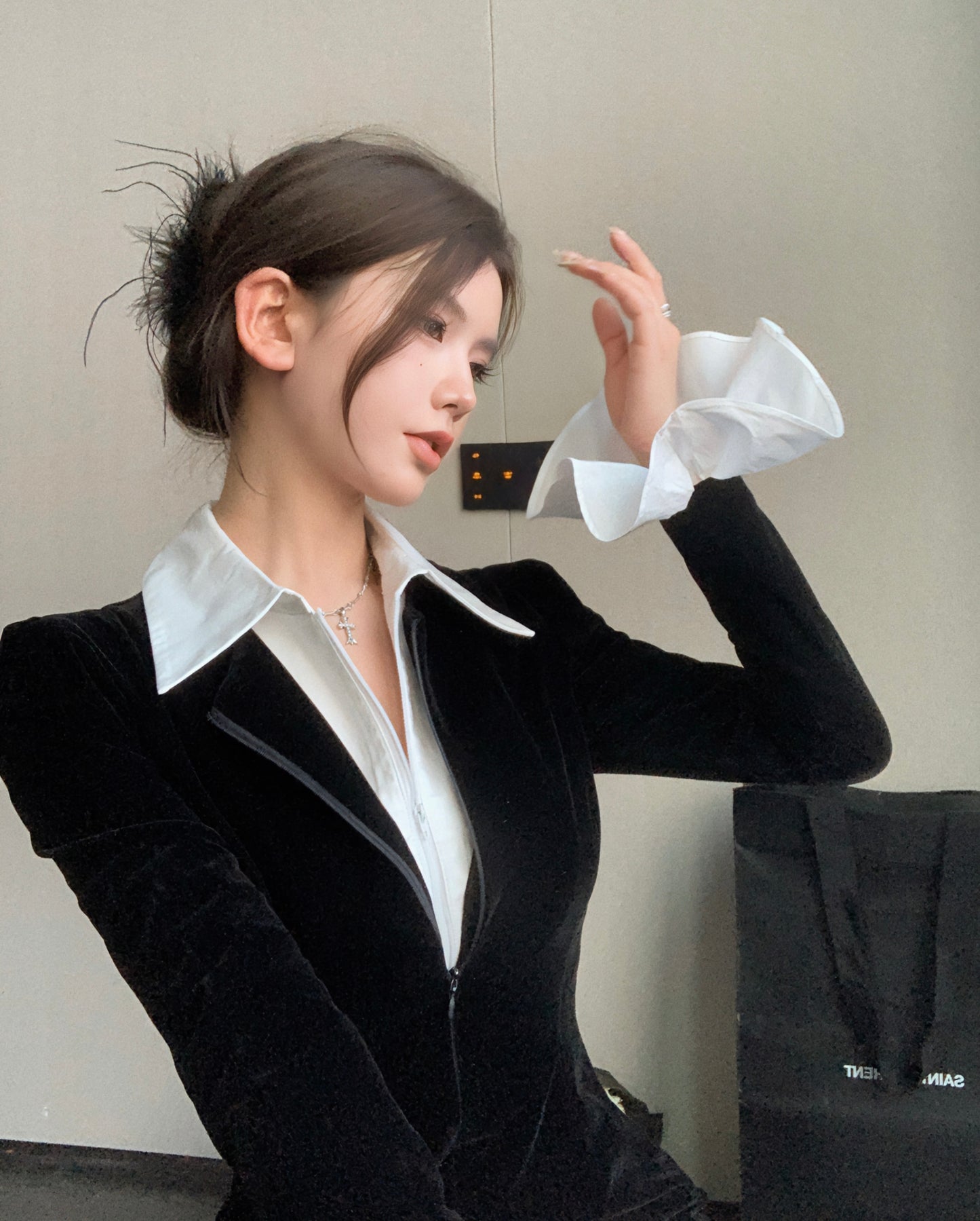 【dress】偽二つ切り替えPOLOネック長袖ワンピースG24257