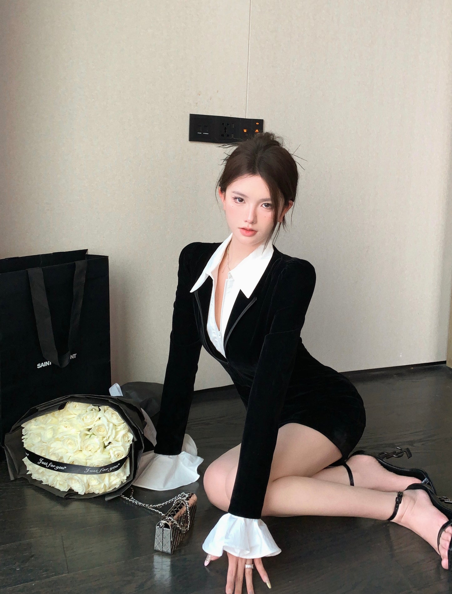 【dress】偽二つ切り替えPOLOネック長袖ワンピースG24257