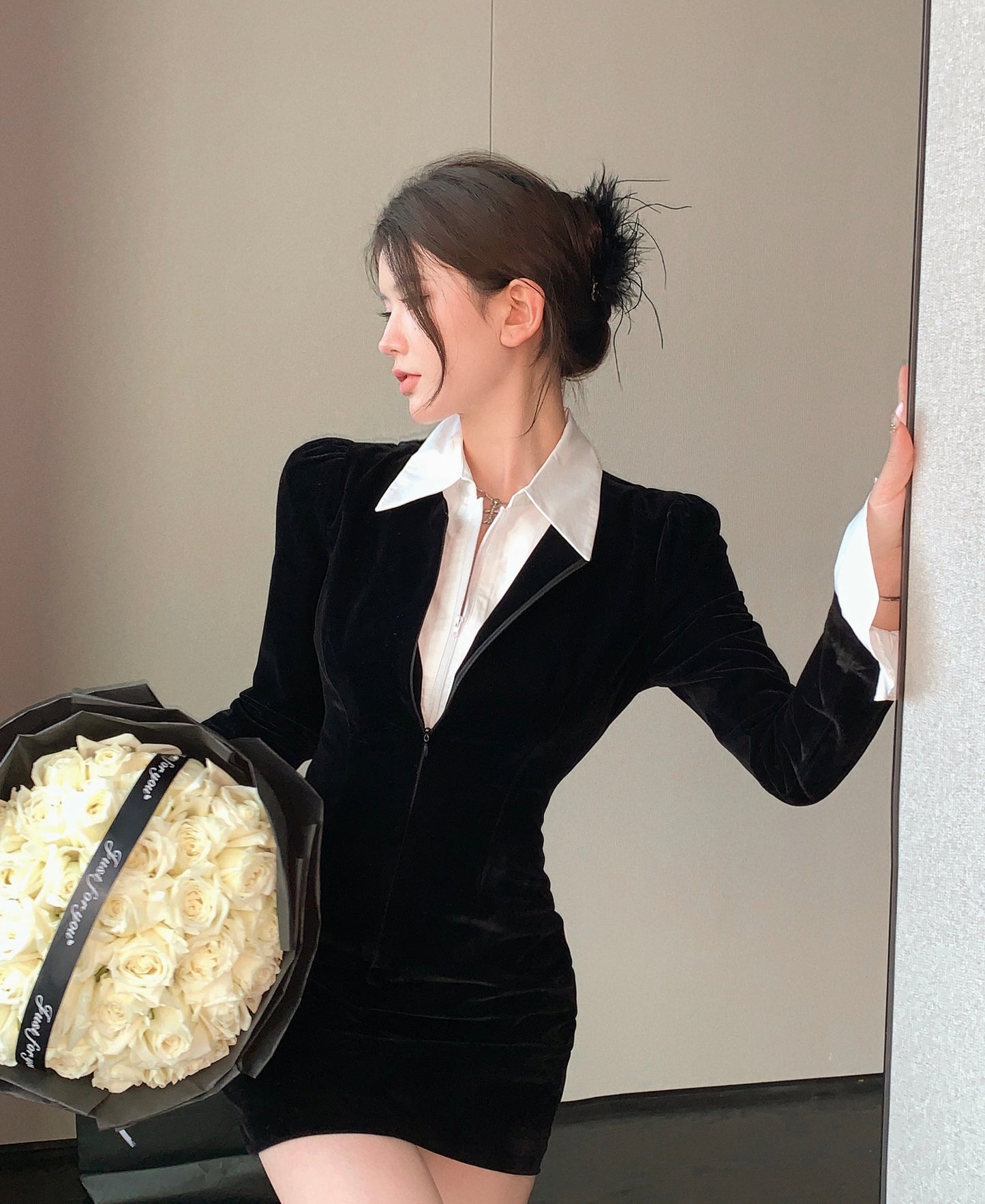 【dress】偽二つ切り替えPOLOネック長袖ワンピースG24257