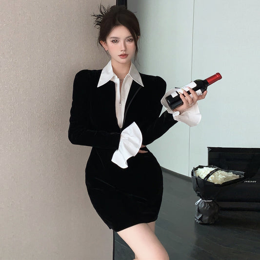 【dress】偽二つ切り替えPOLOネック長袖ワンピースG24257