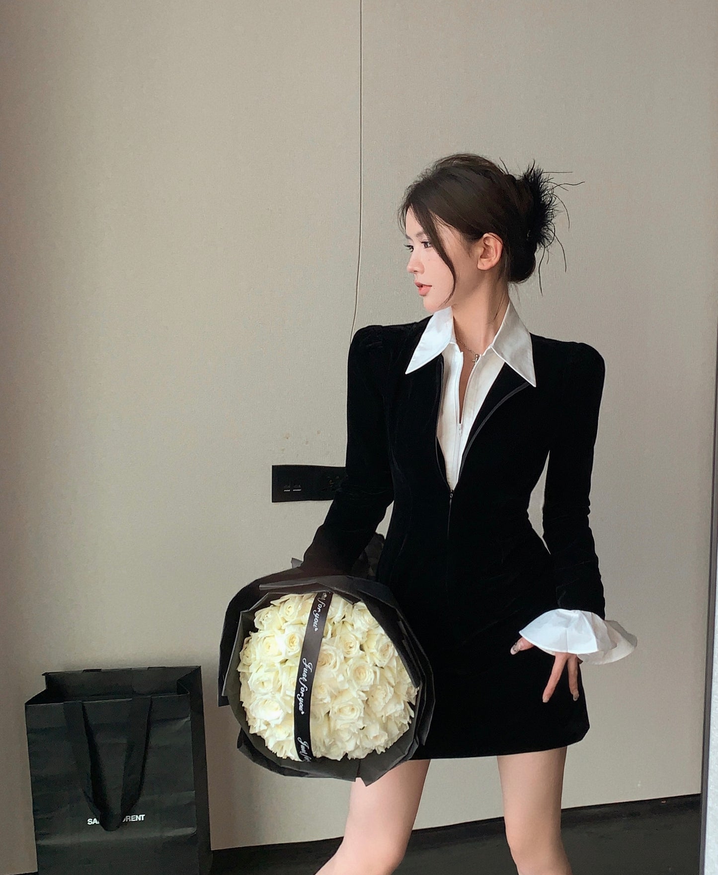 【dress】偽二つ切り替えPOLOネック長袖ワンピースG24257