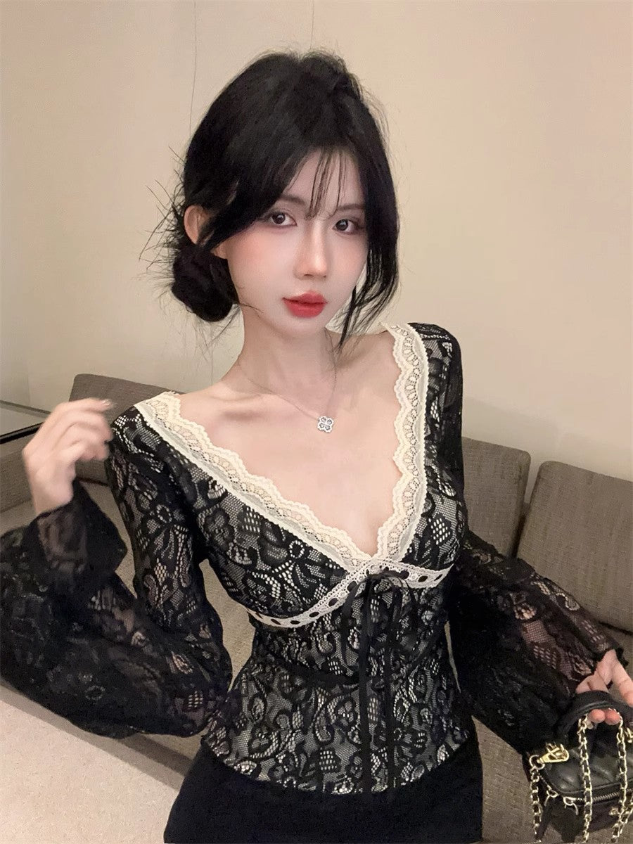 【tops】VネックレースフレアスリーブTシャツG24259