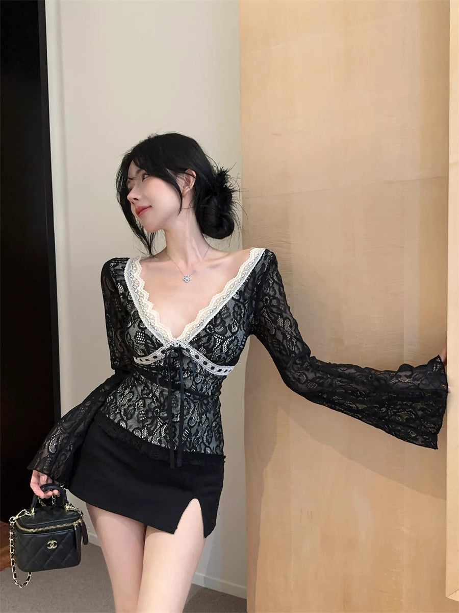 【tops】VネックレースフレアスリーブTシャツG24259