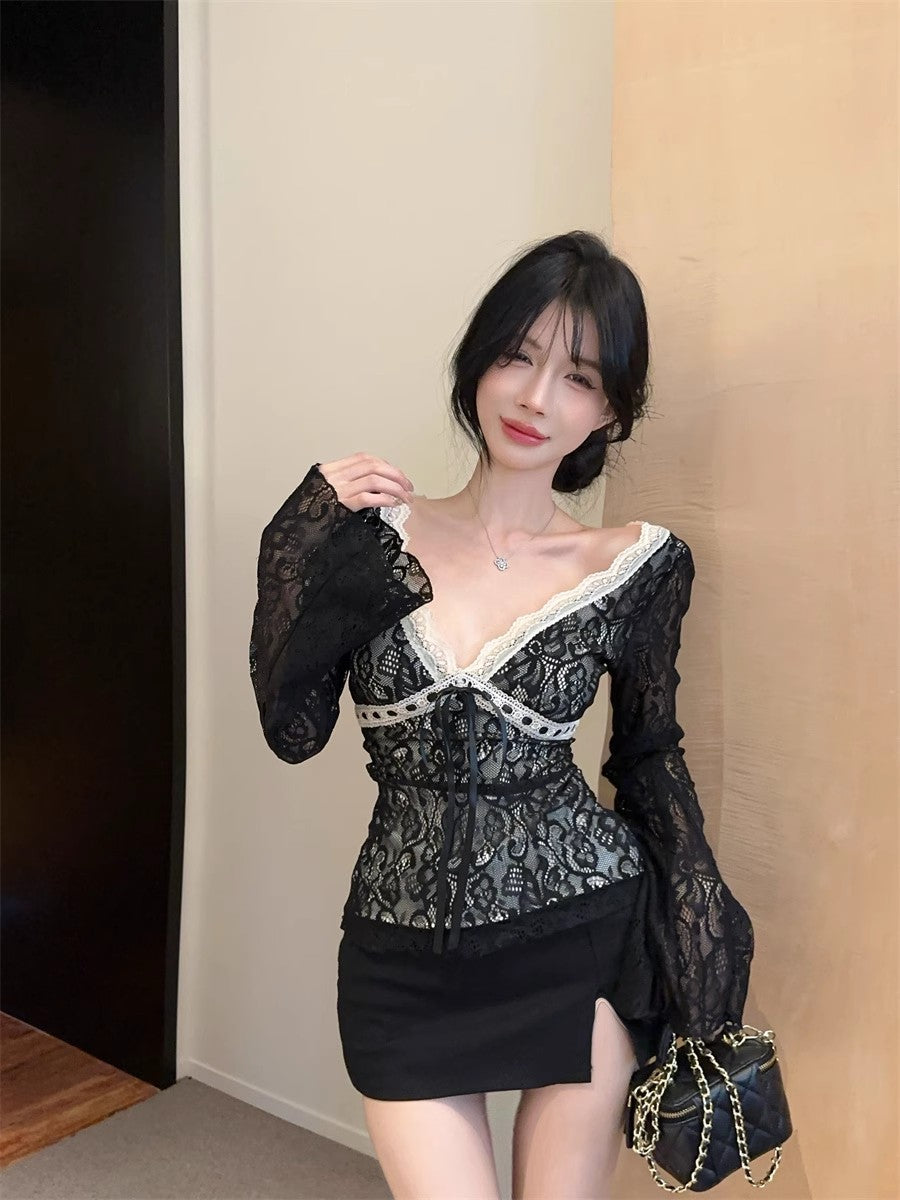 【tops】VネックレースフレアスリーブTシャツG24259