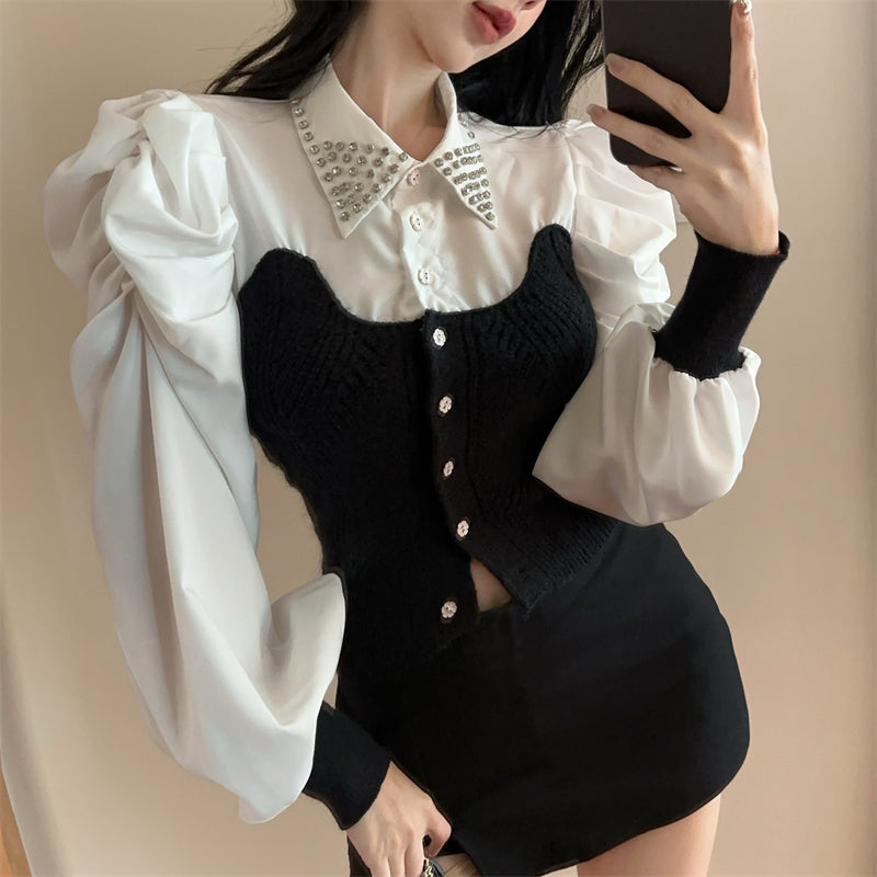 【tops】POLOネック切り替えニットブラウスG24260