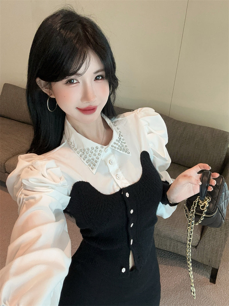 【tops】POLOネック切り替えニットブラウスG24260