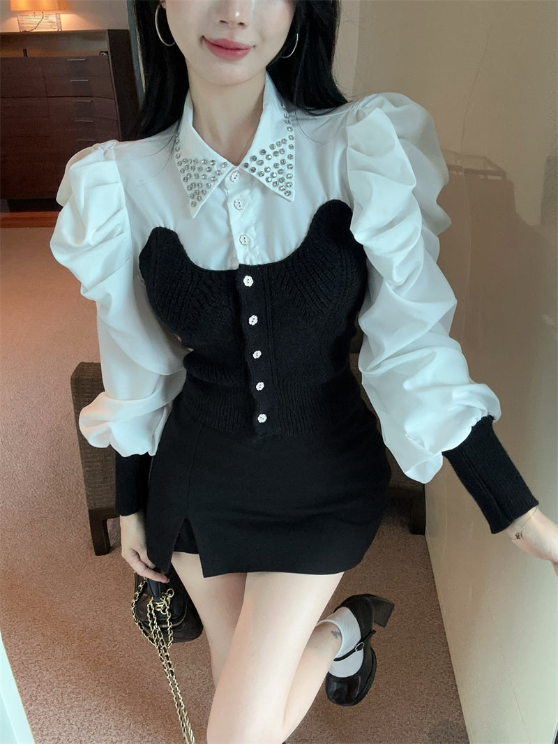 【tops】POLOネック切り替えニットブラウスG24260