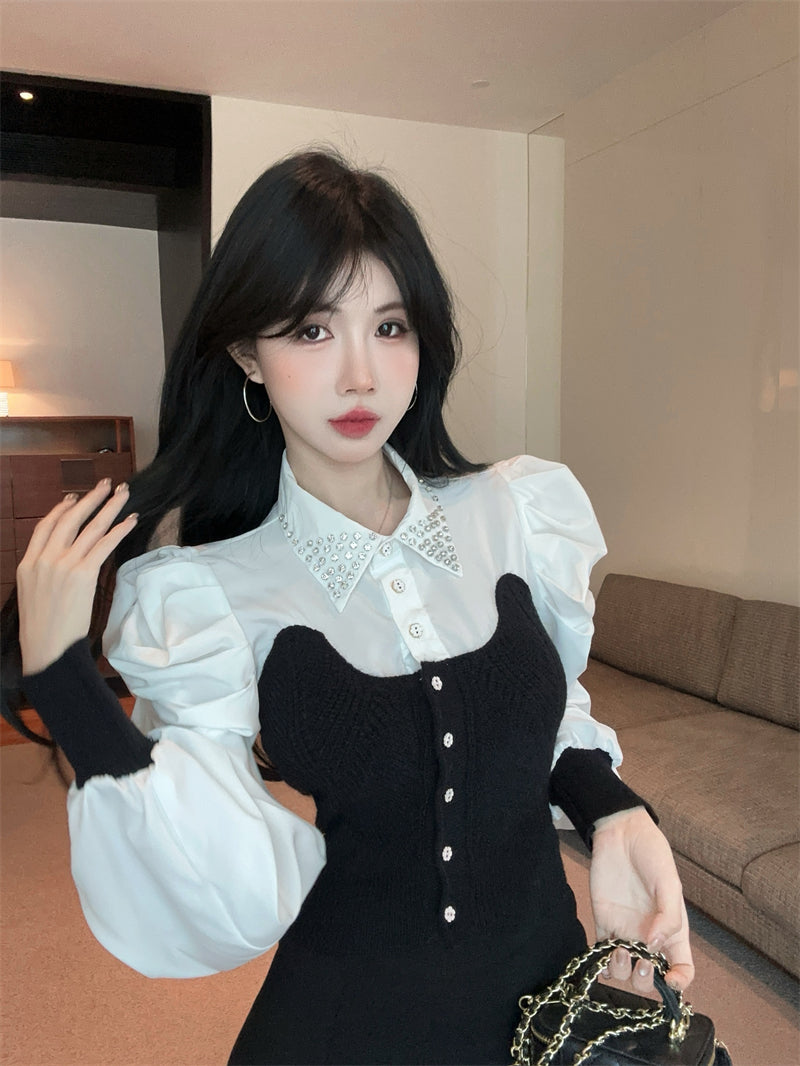 【tops】POLOネック切り替えニットブラウスG24260