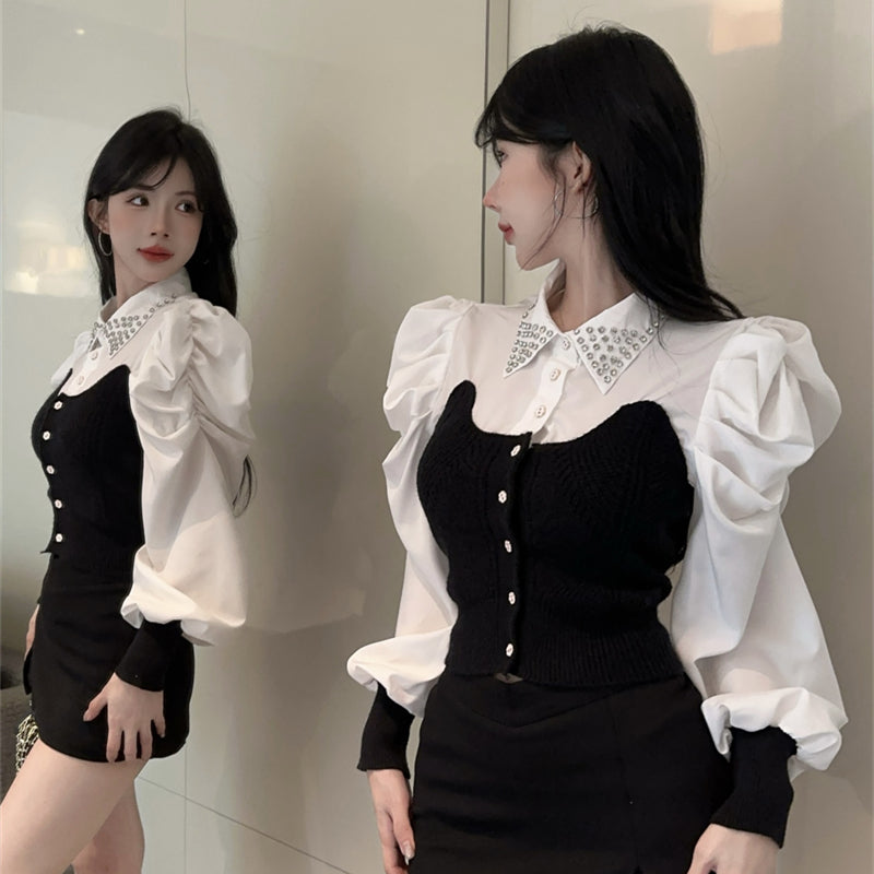 【tops】POLOネック切り替えニットブラウスG24260