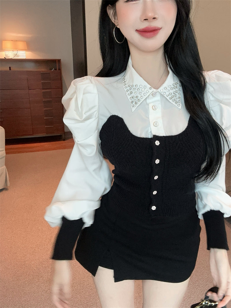 【tops】POLOネック切り替えニットブラウスG24260