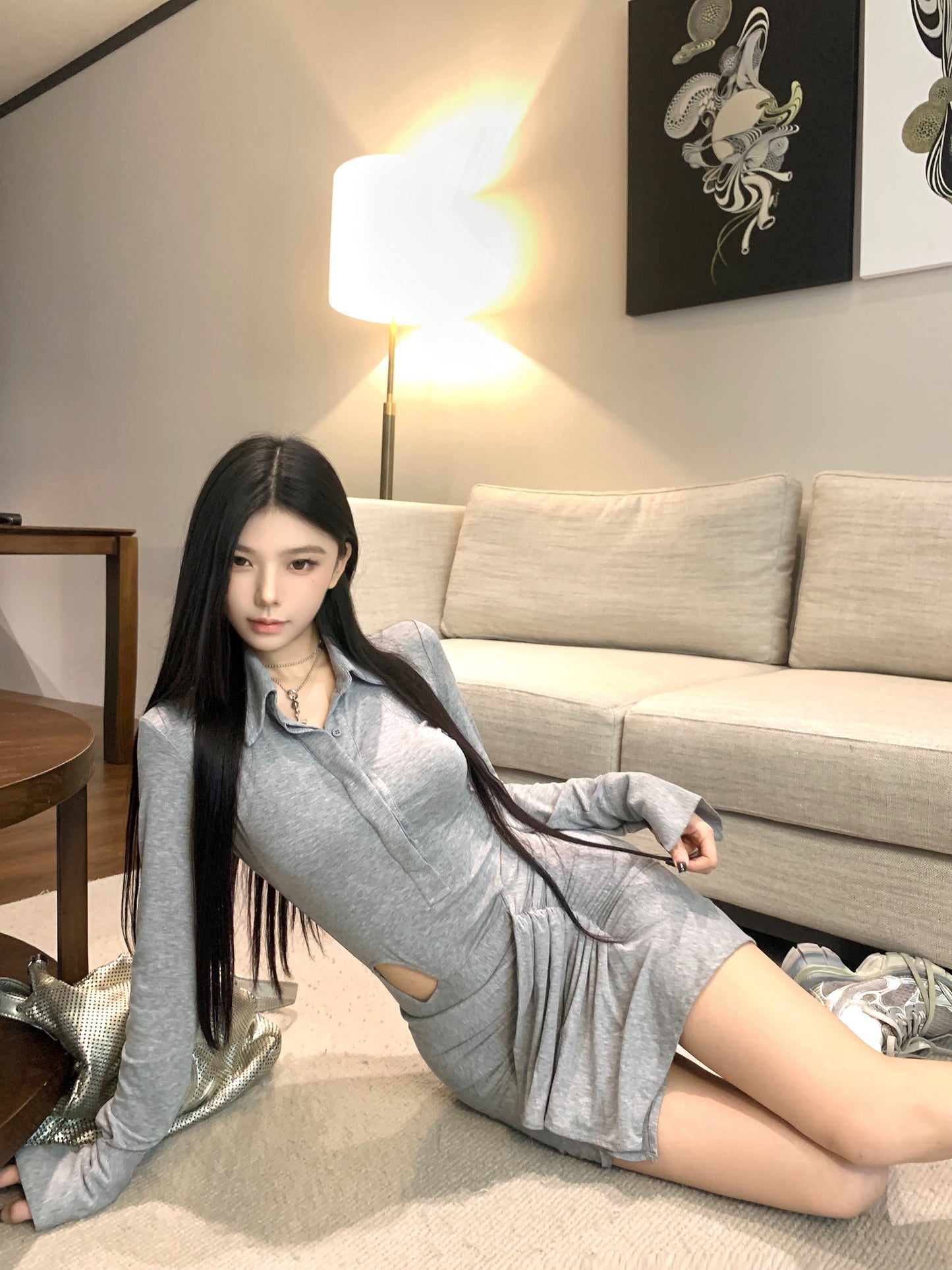 【dress】POLOネック透かし彫り長袖ワンピースG24266