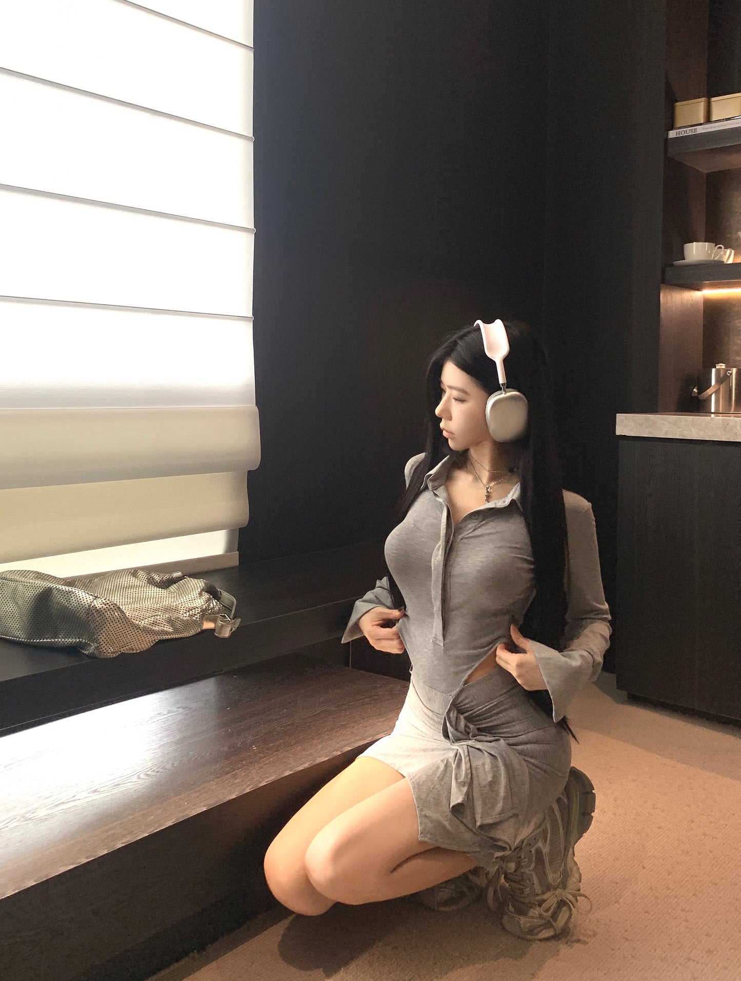 【dress】POLOネック透かし彫り長袖ワンピースG24266