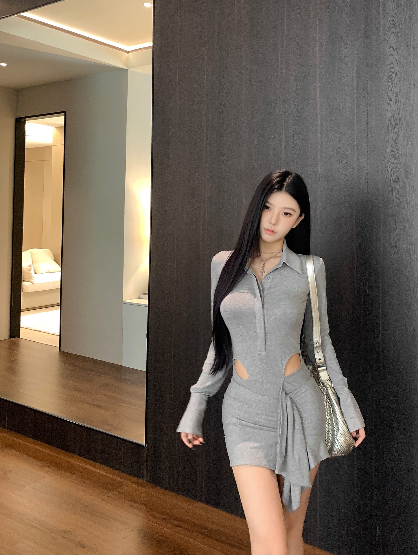 【dress】POLOネック透かし彫り長袖ワンピースG24266