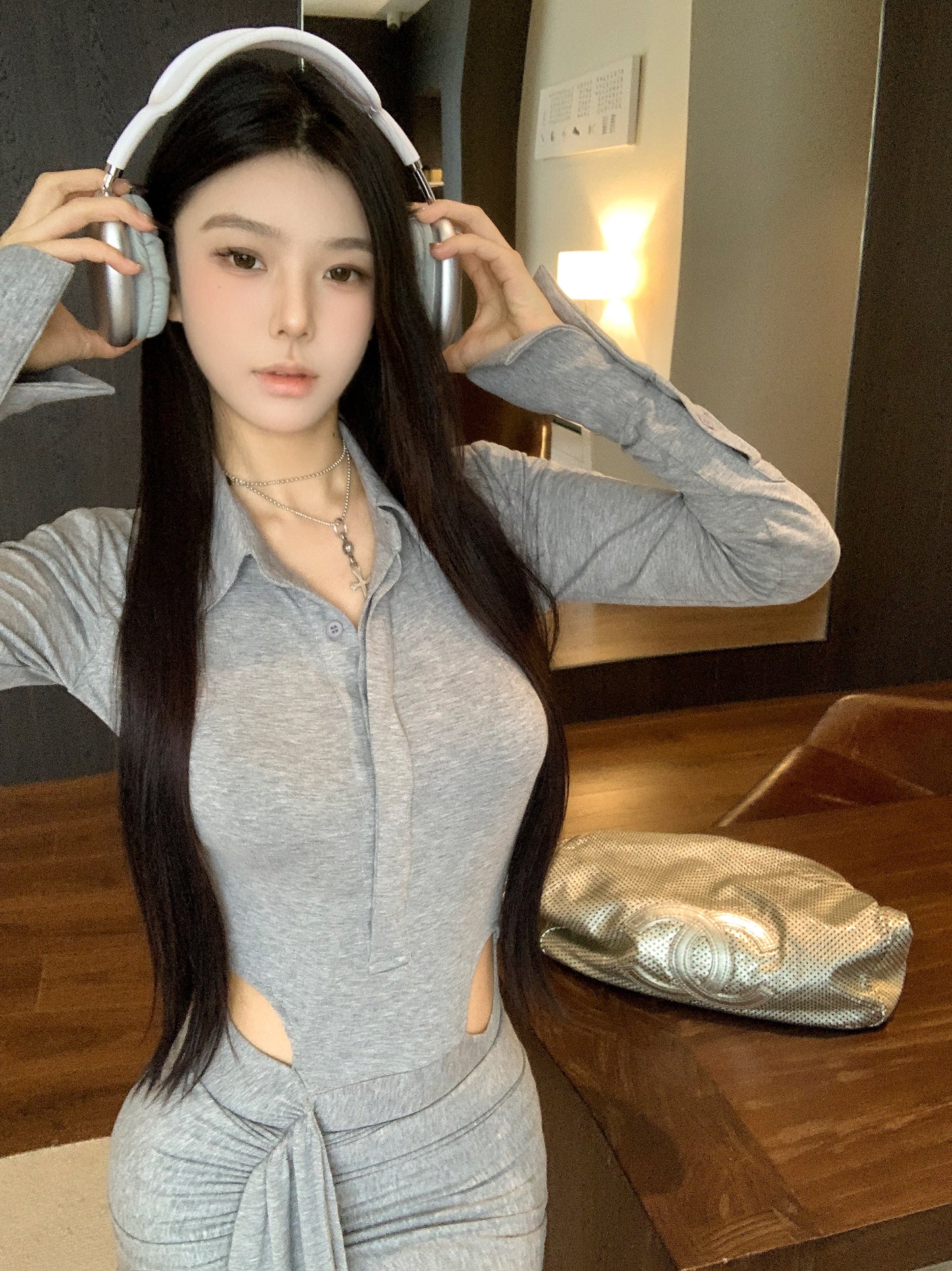 【dress】POLOネック透かし彫り長袖ワンピースG24266