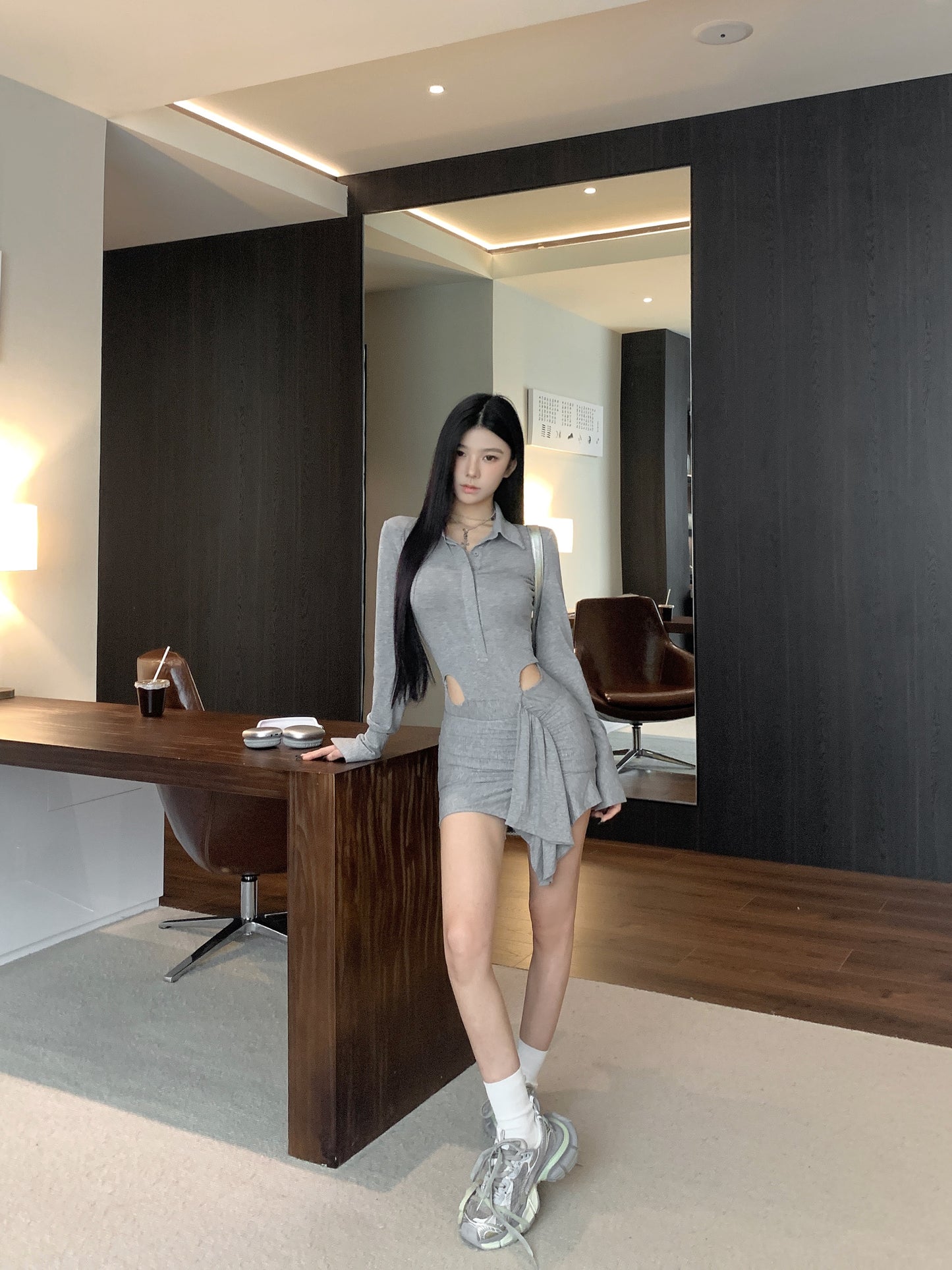 【dress】POLOネック透かし彫り長袖ワンピースG24266