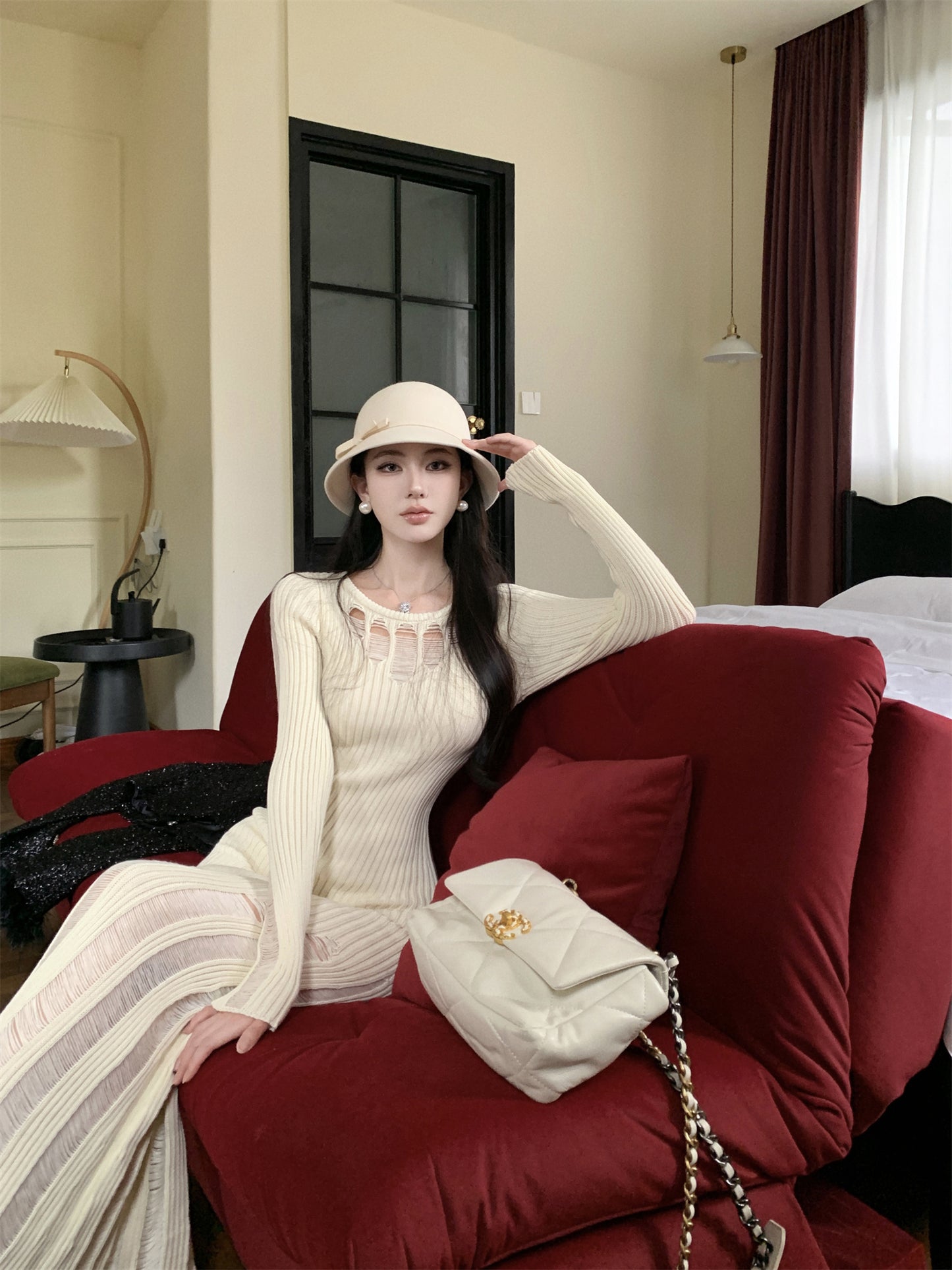 【dress】透かし彫り長袖タイトワンピースG24272