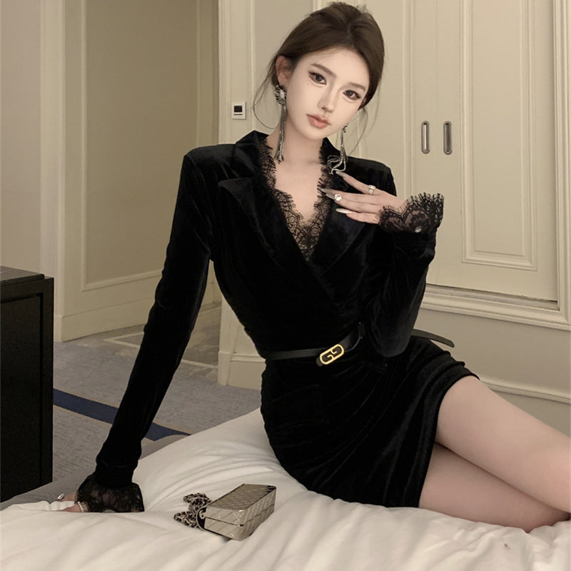 【dress】レース切り替えVネック長袖ワンピースG24274