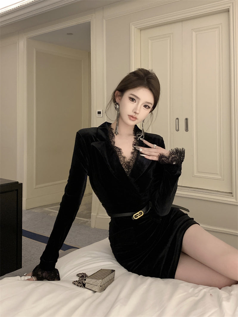 【dress】レース切り替えVネック長袖ワンピースG24274