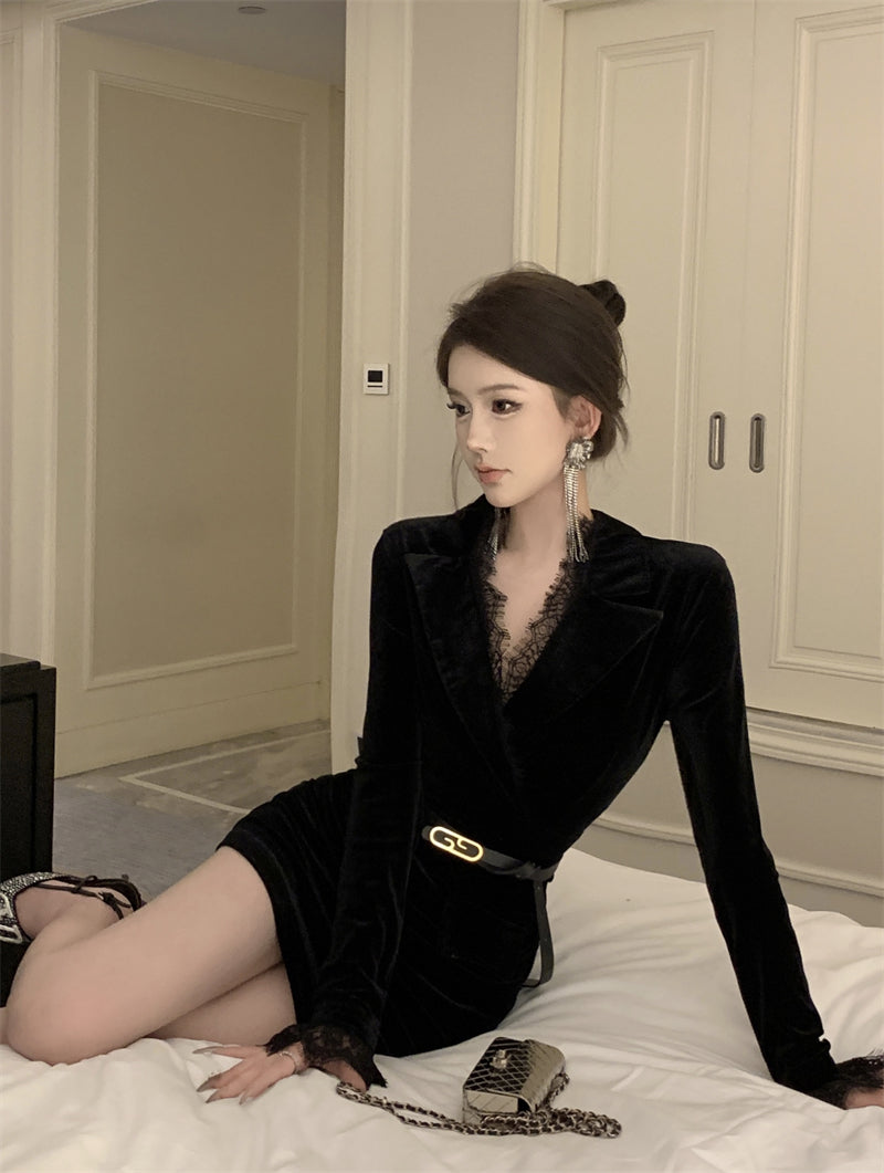 【dress】レース切り替えVネック長袖ワンピースG24274