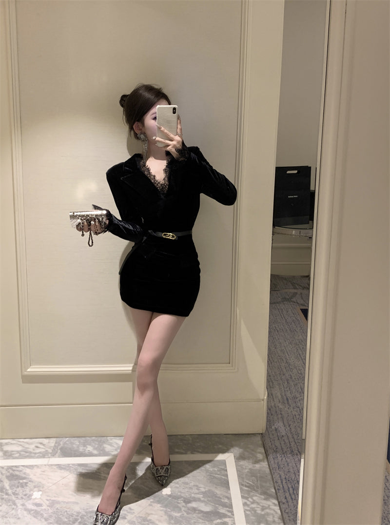 【dress】レース切り替えVネック長袖ワンピースG24274