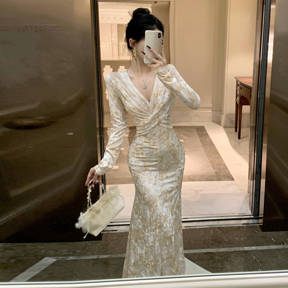 【dress】Vネックプリント体型カバーワンピースG24277