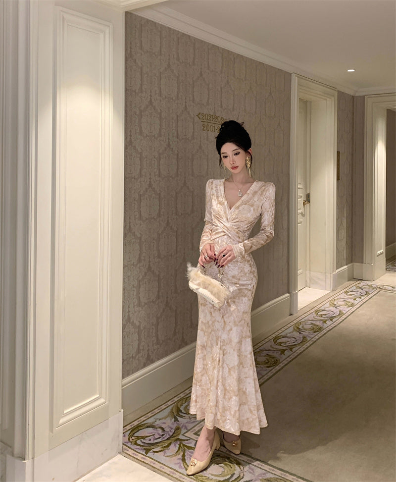 【dress】Vネックプリント体型カバーワンピースG24277