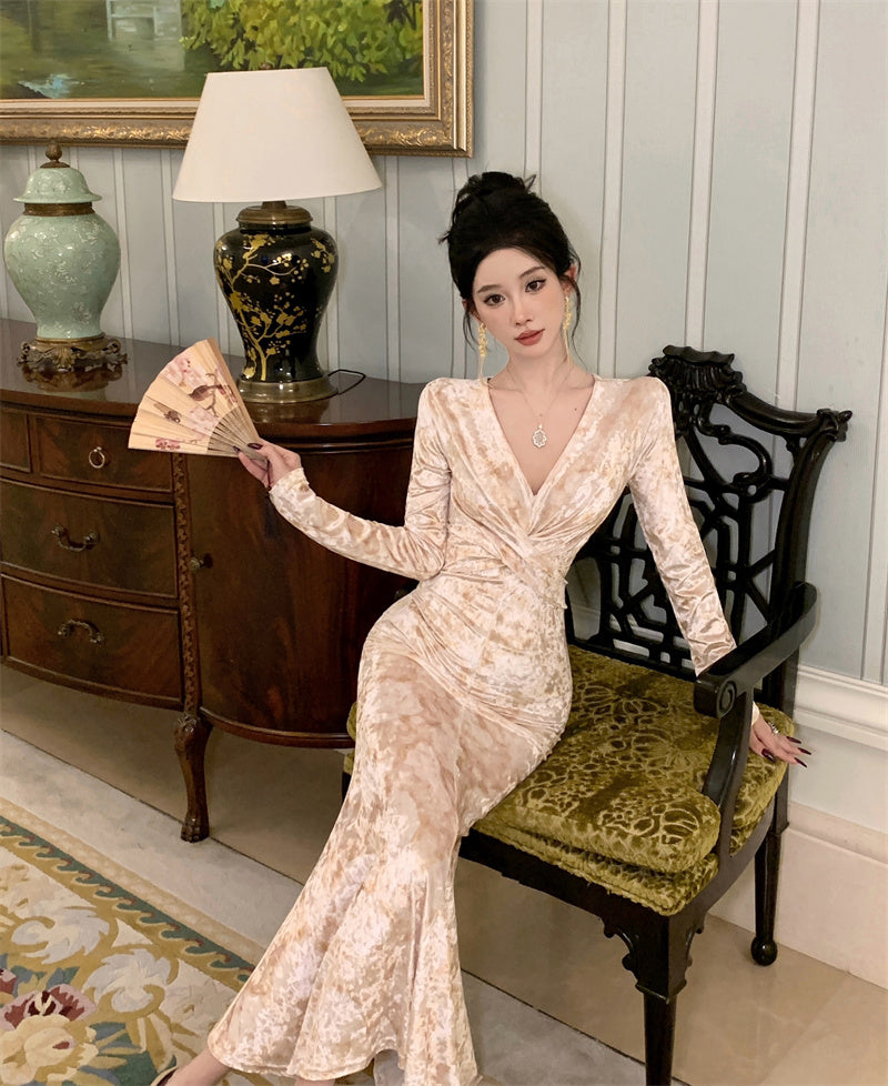 【dress】Vネックプリント体型カバーワンピースG24277