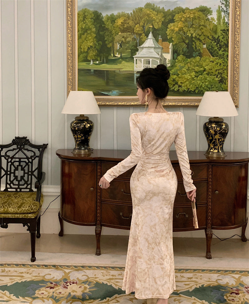 【dress】Vネックプリント体型カバーワンピースG24277