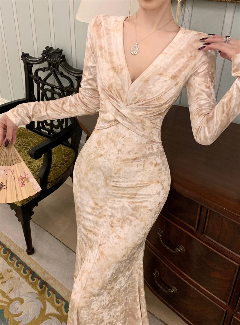 【dress】Vネックプリント体型カバーワンピースG24277