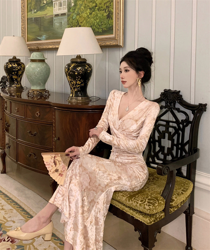 【dress】Vネックプリント体型カバーワンピースG24277