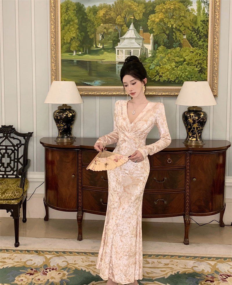 【dress】Vネックプリント体型カバーワンピースG24277