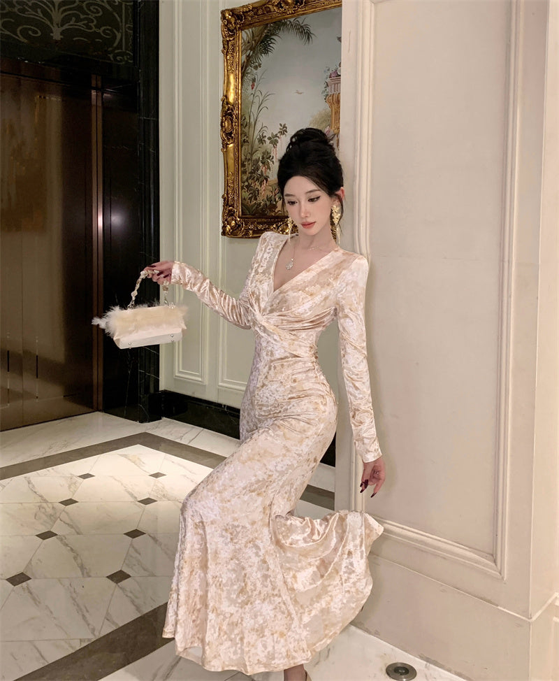 【dress】Vネックプリント体型カバーワンピースG24277