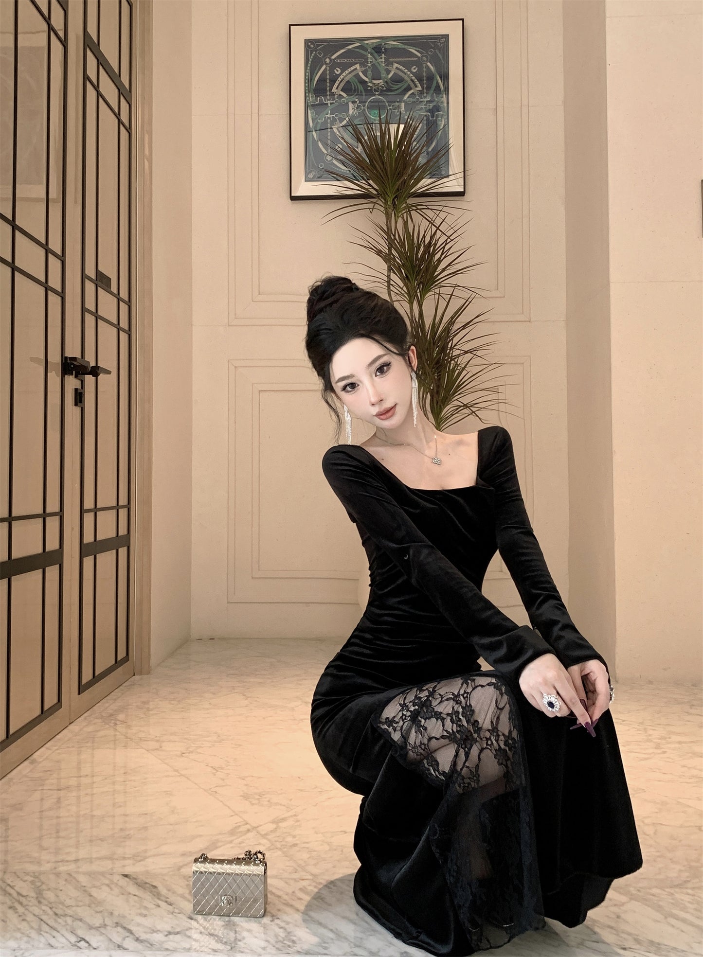 【dress】スクエアネックレース切り替えスリットワンピースG24278