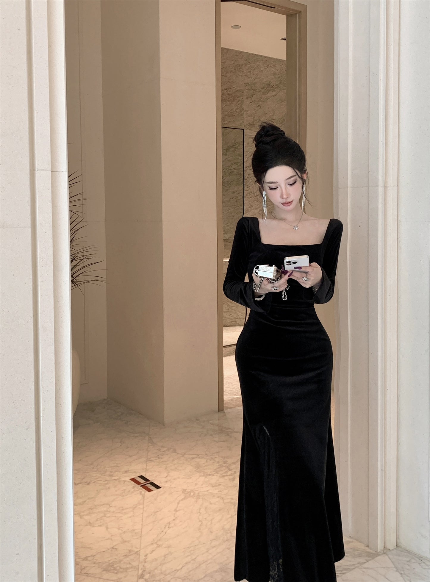 【dress】スクエアネックレース切り替えスリットワンピースG24278