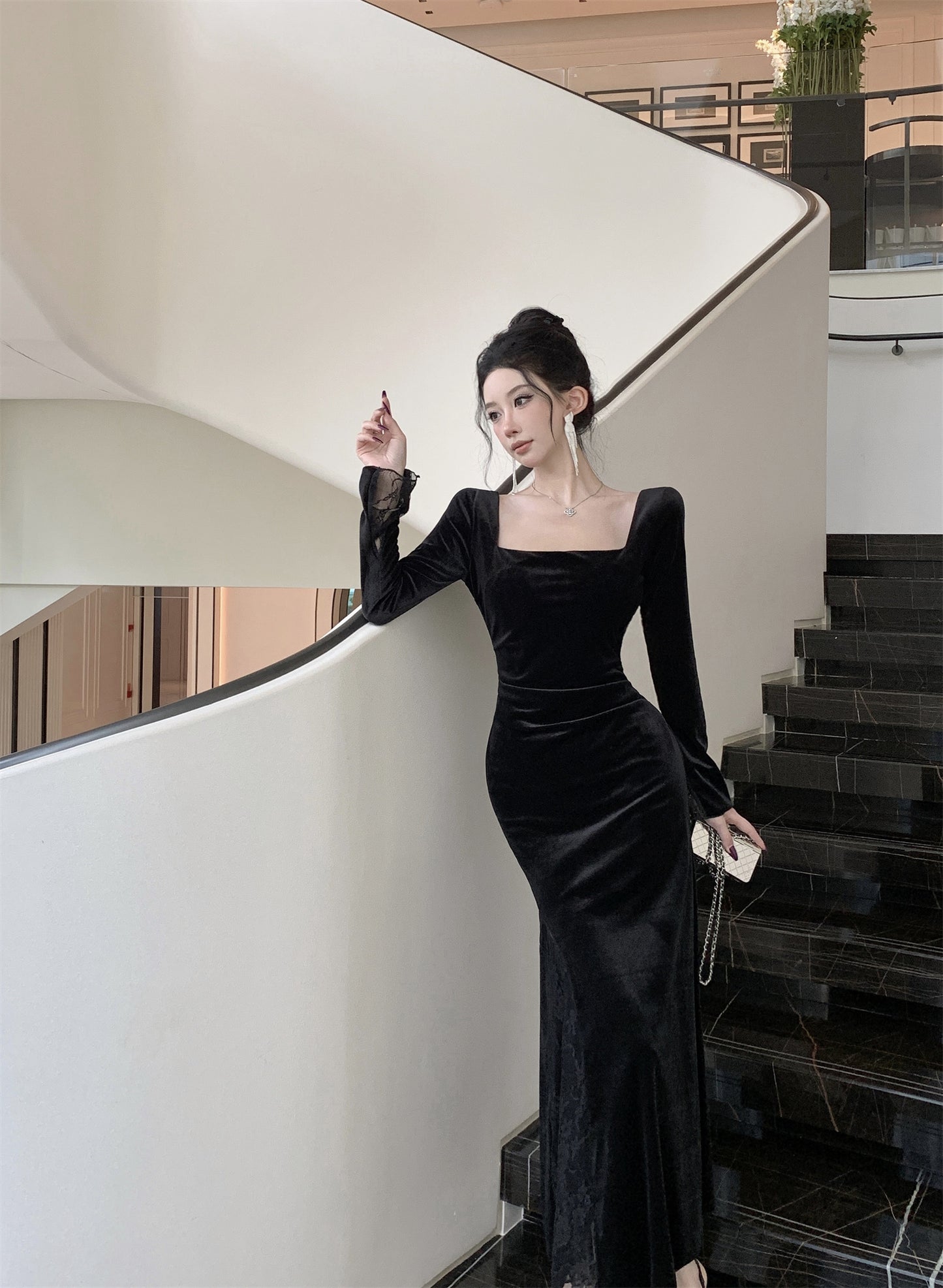 【dress】スクエアネックレース切り替えスリットワンピースG24278