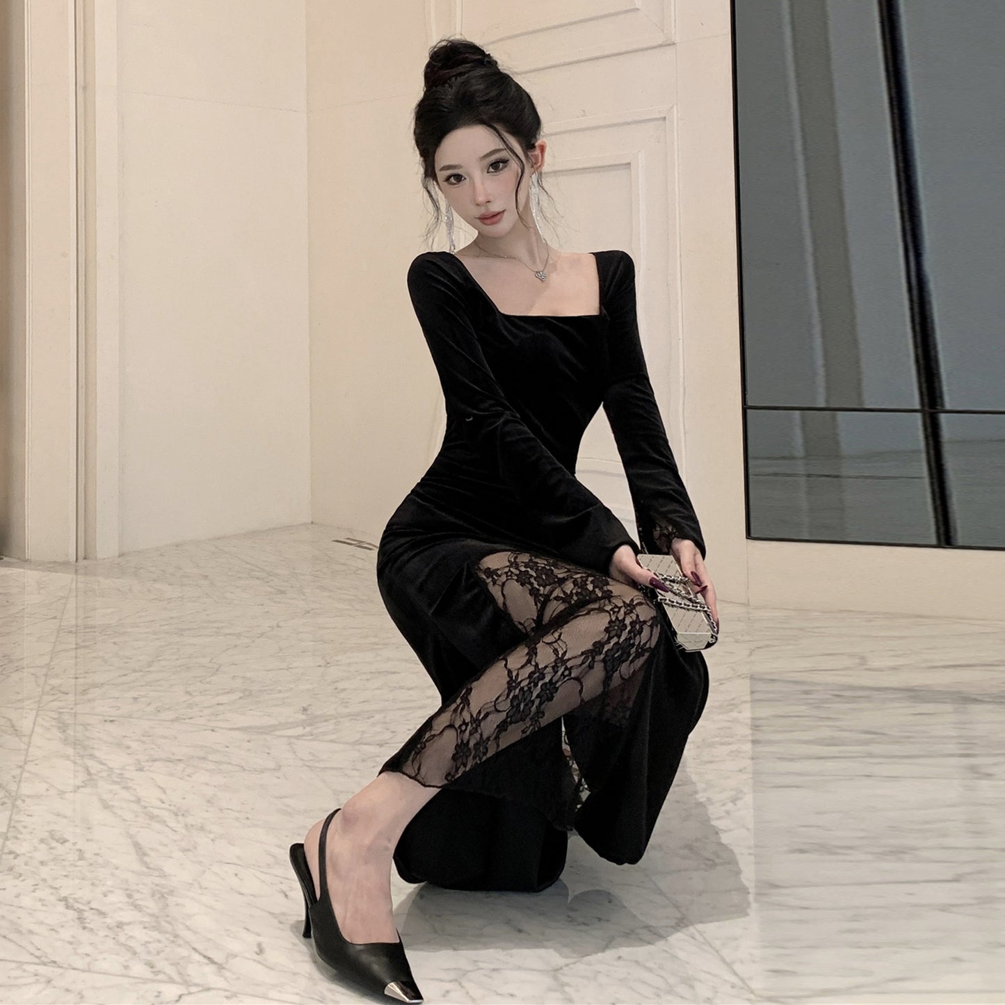 【dress】スクエアネックレース切り替えスリットワンピースG24278