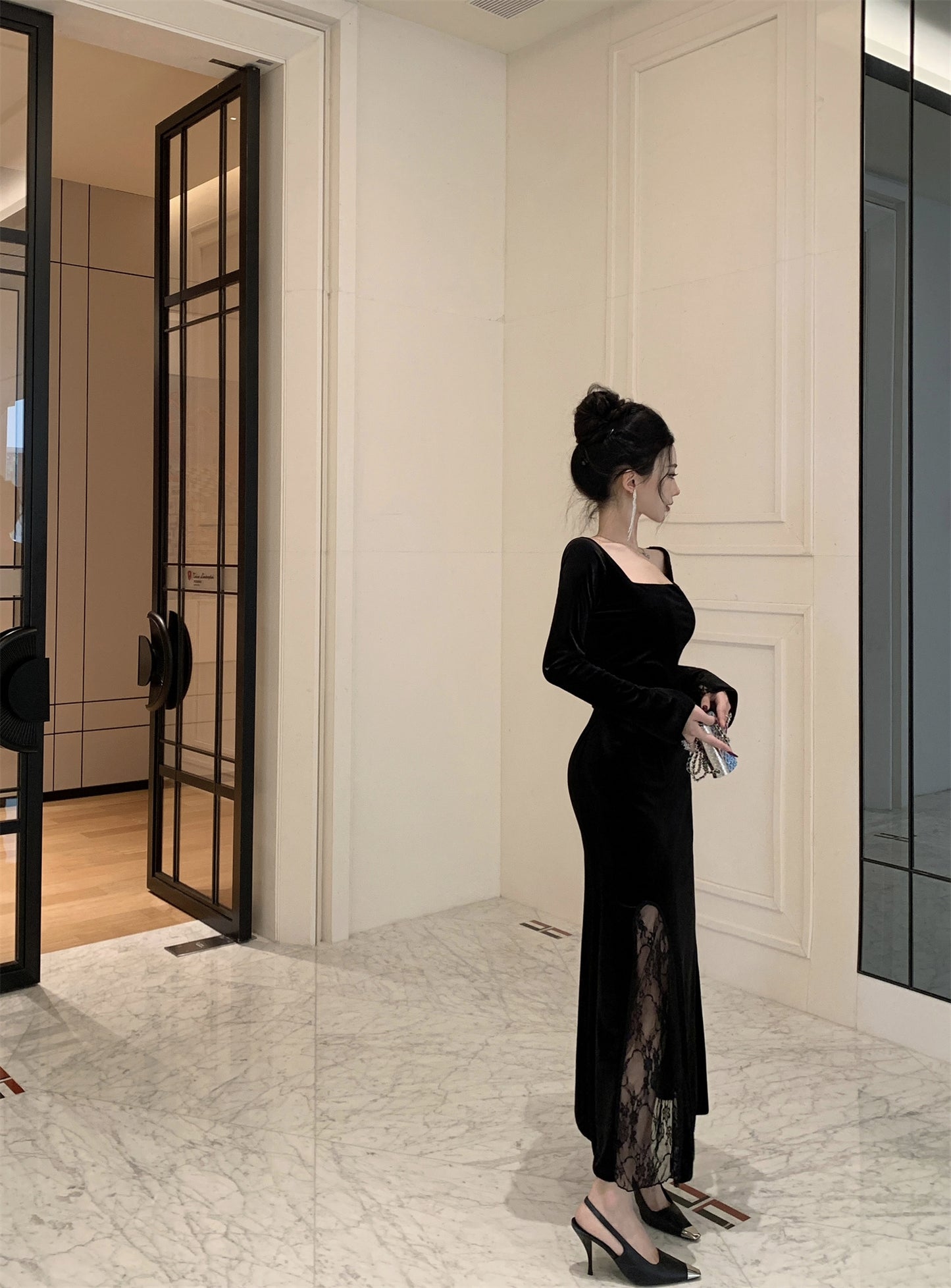 【dress】スクエアネックレース切り替えスリットワンピースG24278