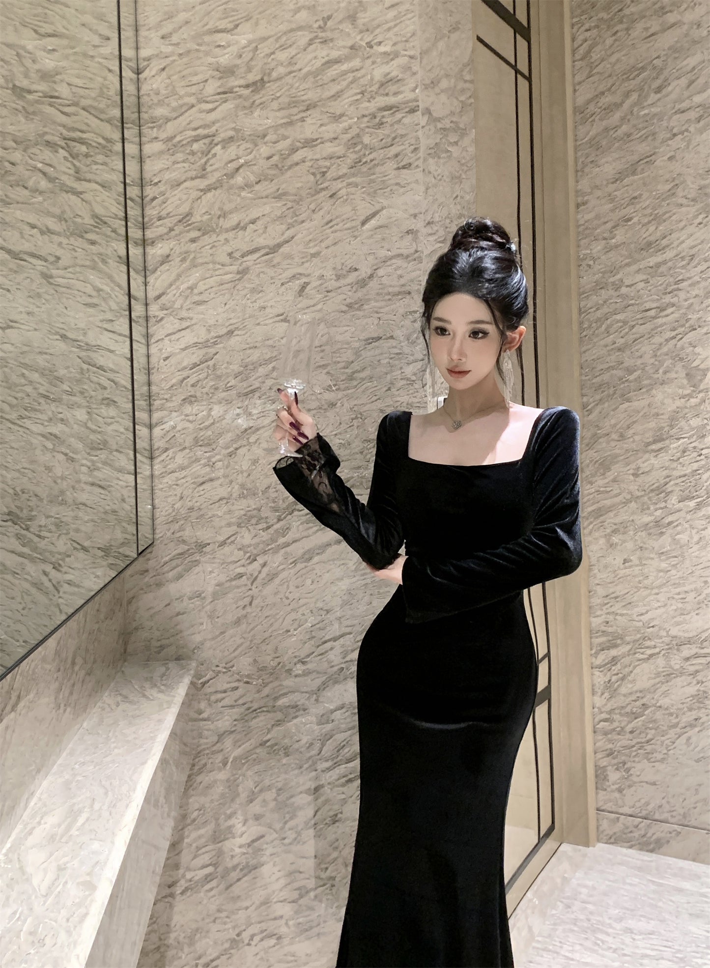 【dress】スクエアネックレース切り替えスリットワンピースG24278