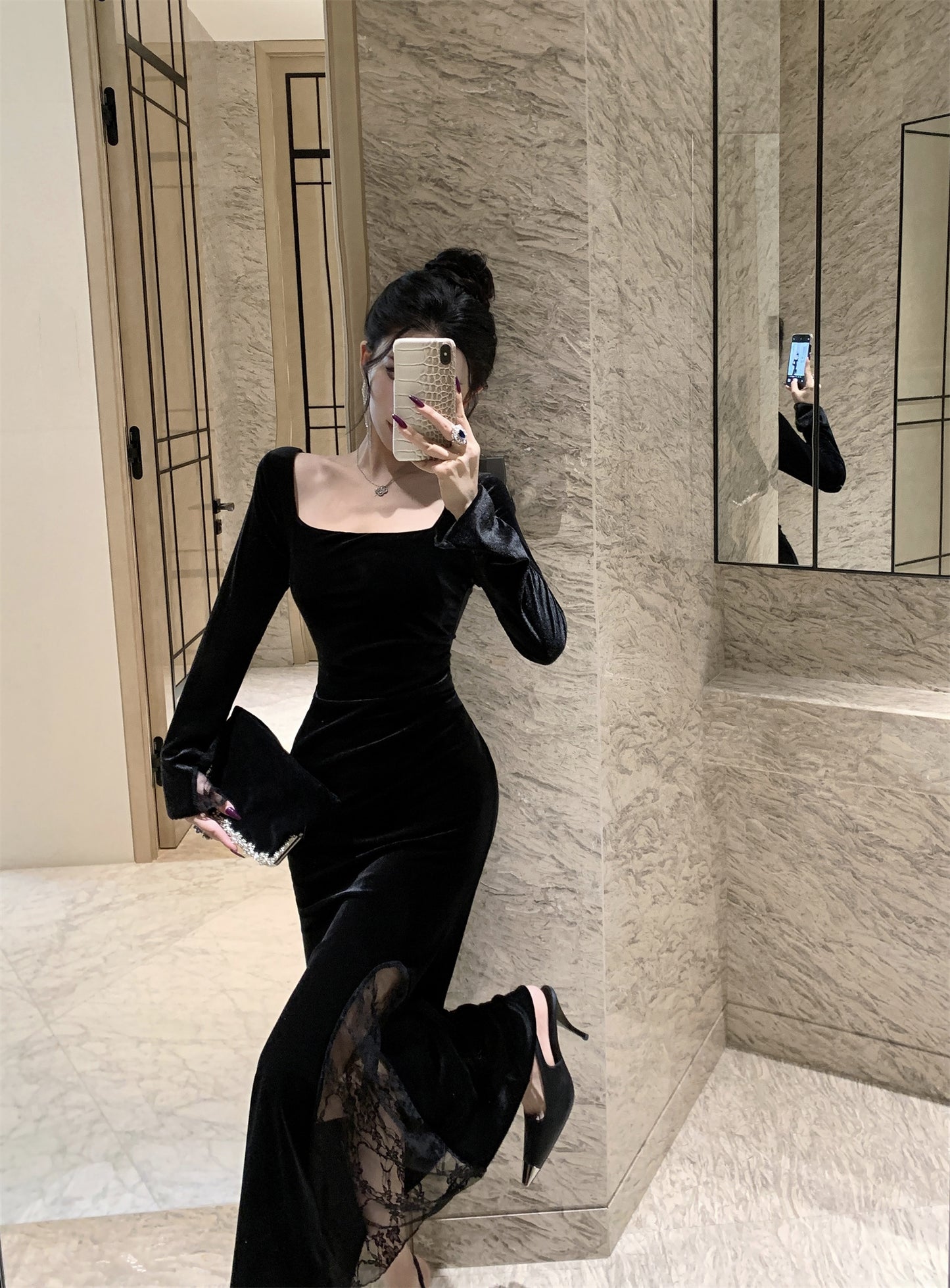 【dress】スクエアネックレース切り替えスリットワンピースG24278