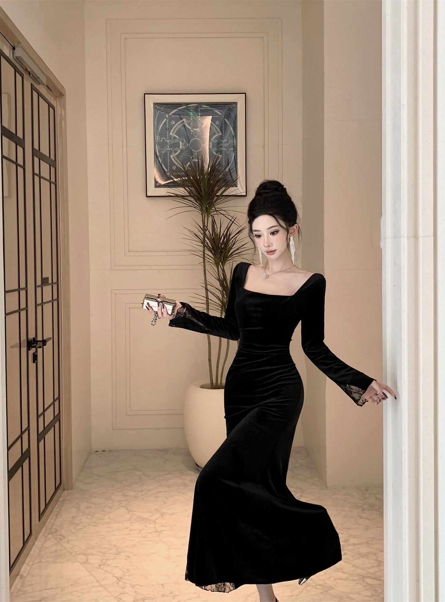 【dress】スクエアネックレース切り替えスリットワンピースG24278