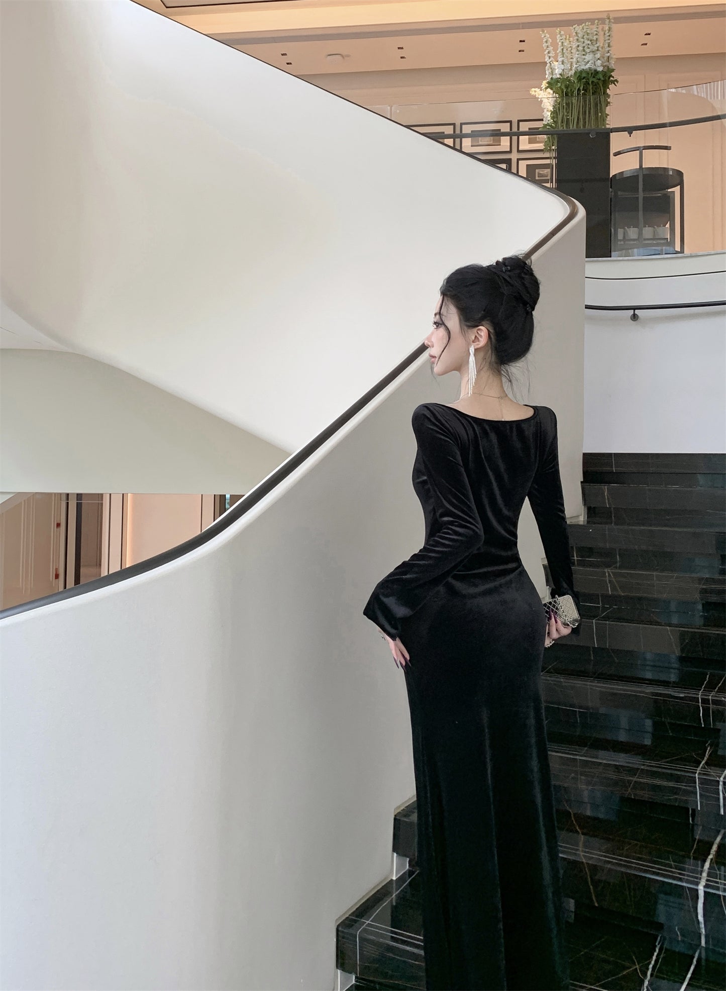 【dress】スクエアネックレース切り替えスリットワンピースG24278