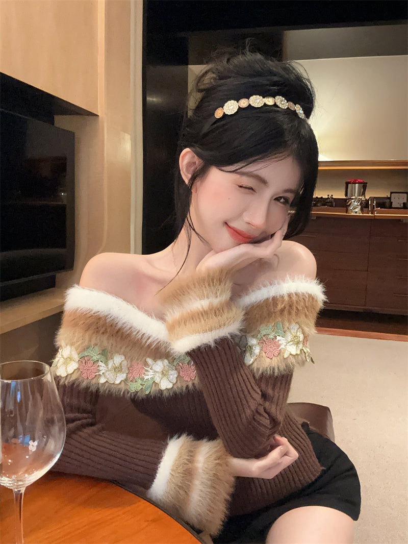 【tops】秋冬オフショルダーニットセーターG24280