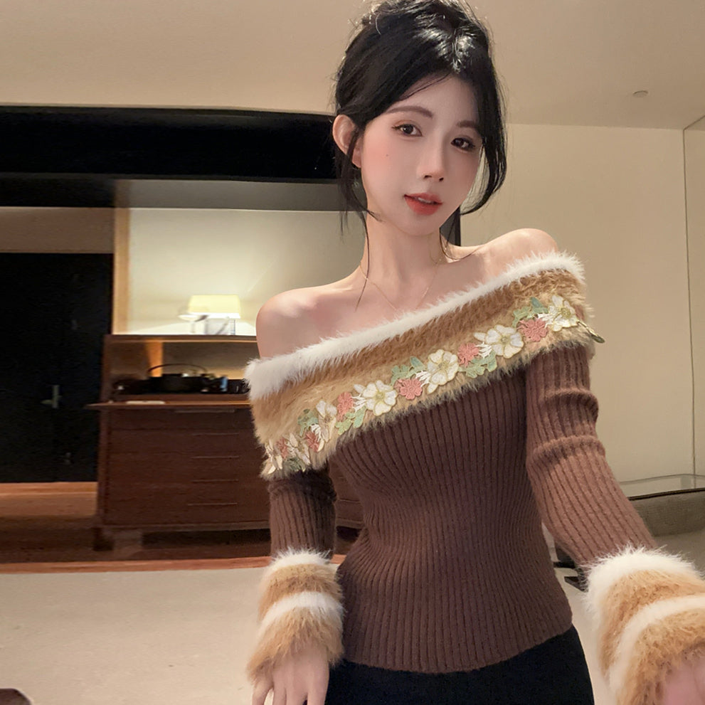 【tops】秋冬オフショルダーニットセーターG24280