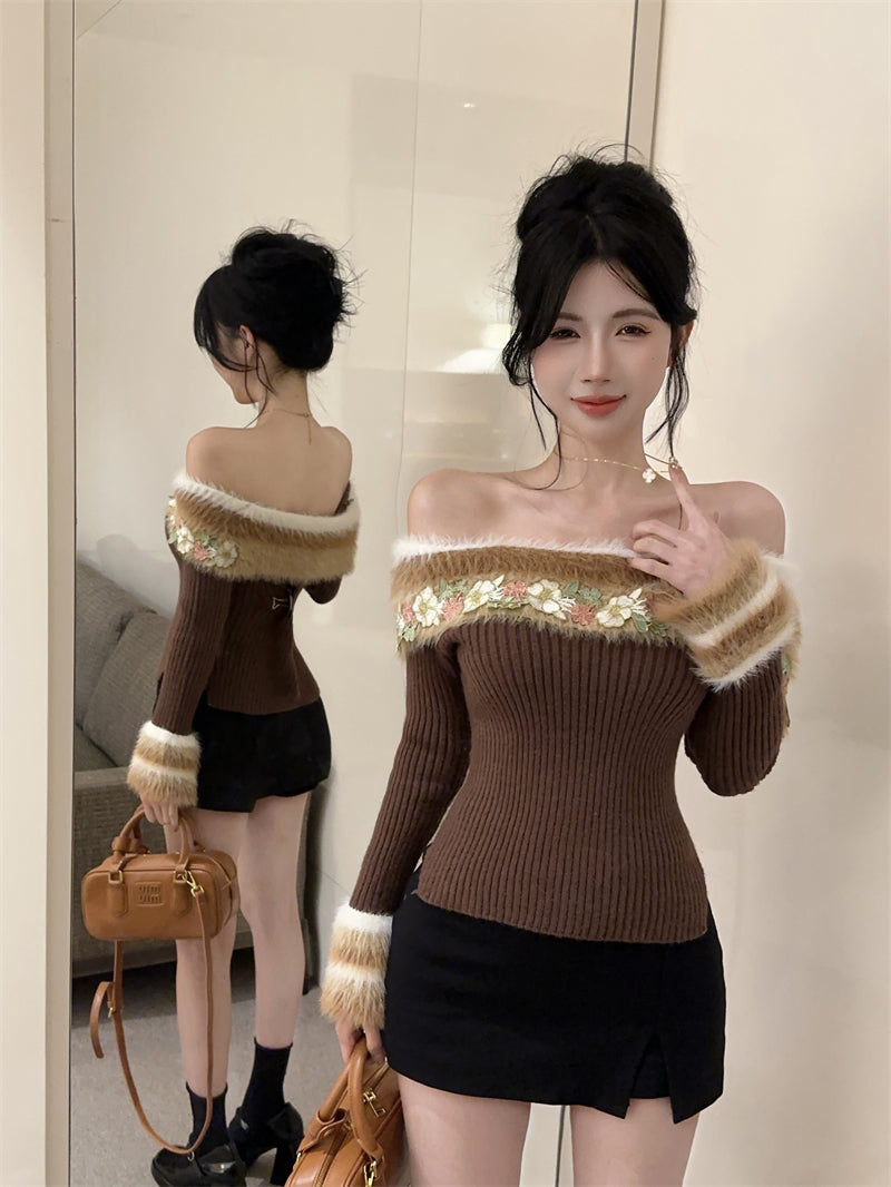 【tops】秋冬オフショルダーニットセーターG24280